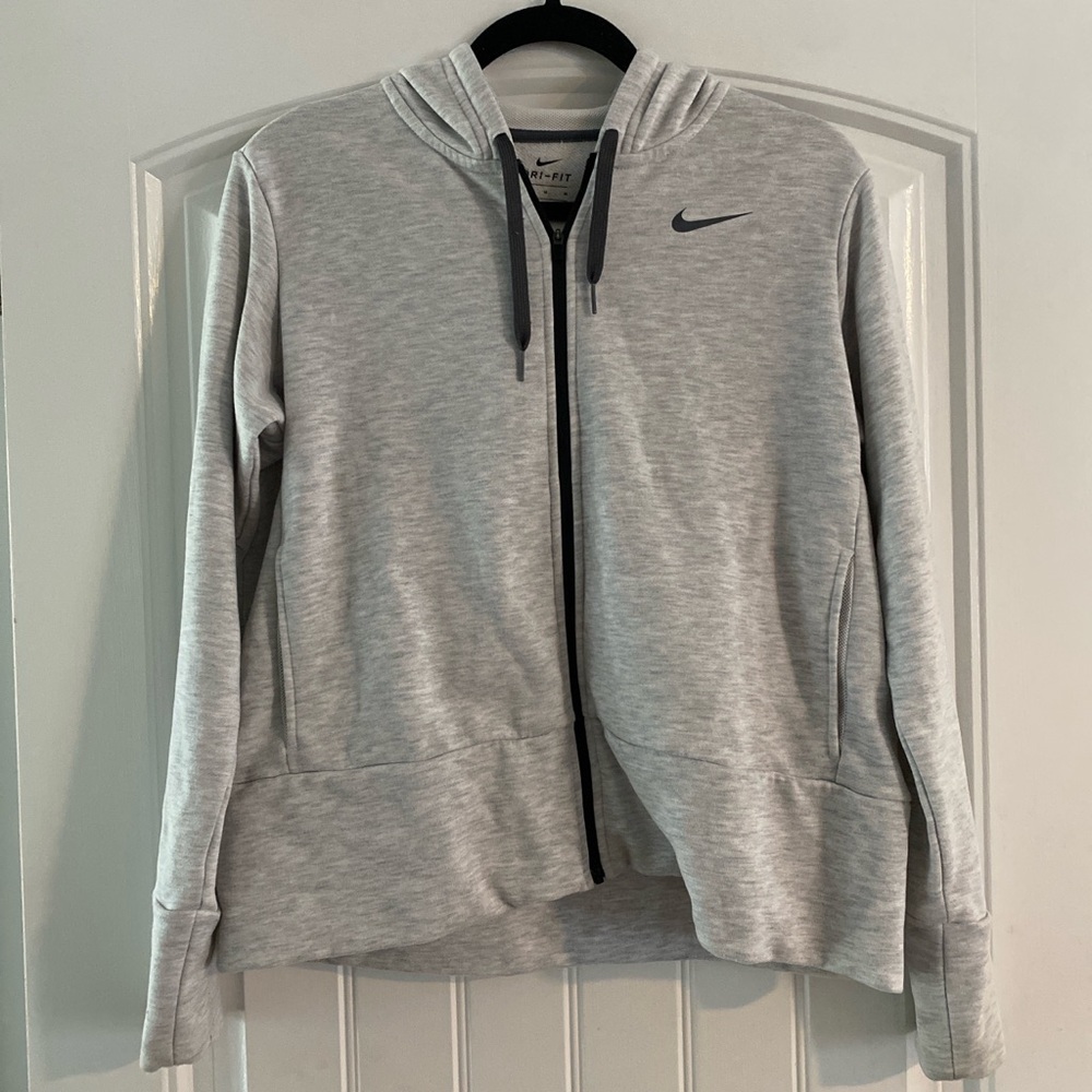 NIKE light-weight jacket with hoodie and pockets in a heather grey